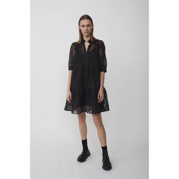 JUST Dresses & Skirts - JUST Womens Black Lace Elbow Split Mini Baby Doll Dress XS